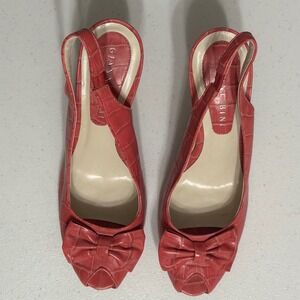 Gianni Bini Leather Slingback Heels‎ Peep Toe Bow Detail Pink Croc Print 7.5 M